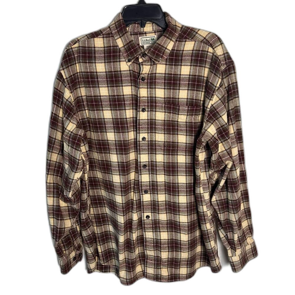 L.L. Bean Men's Flannel Shirt L Regular Brown Cream Earth Tone Plaid Button